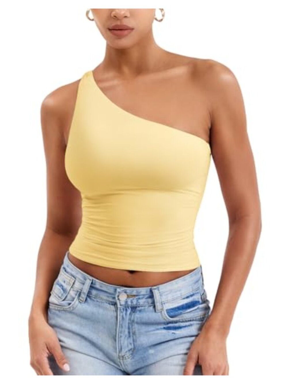 One Shoulder Crop Tank Top with Side Scrunch - Double Lined